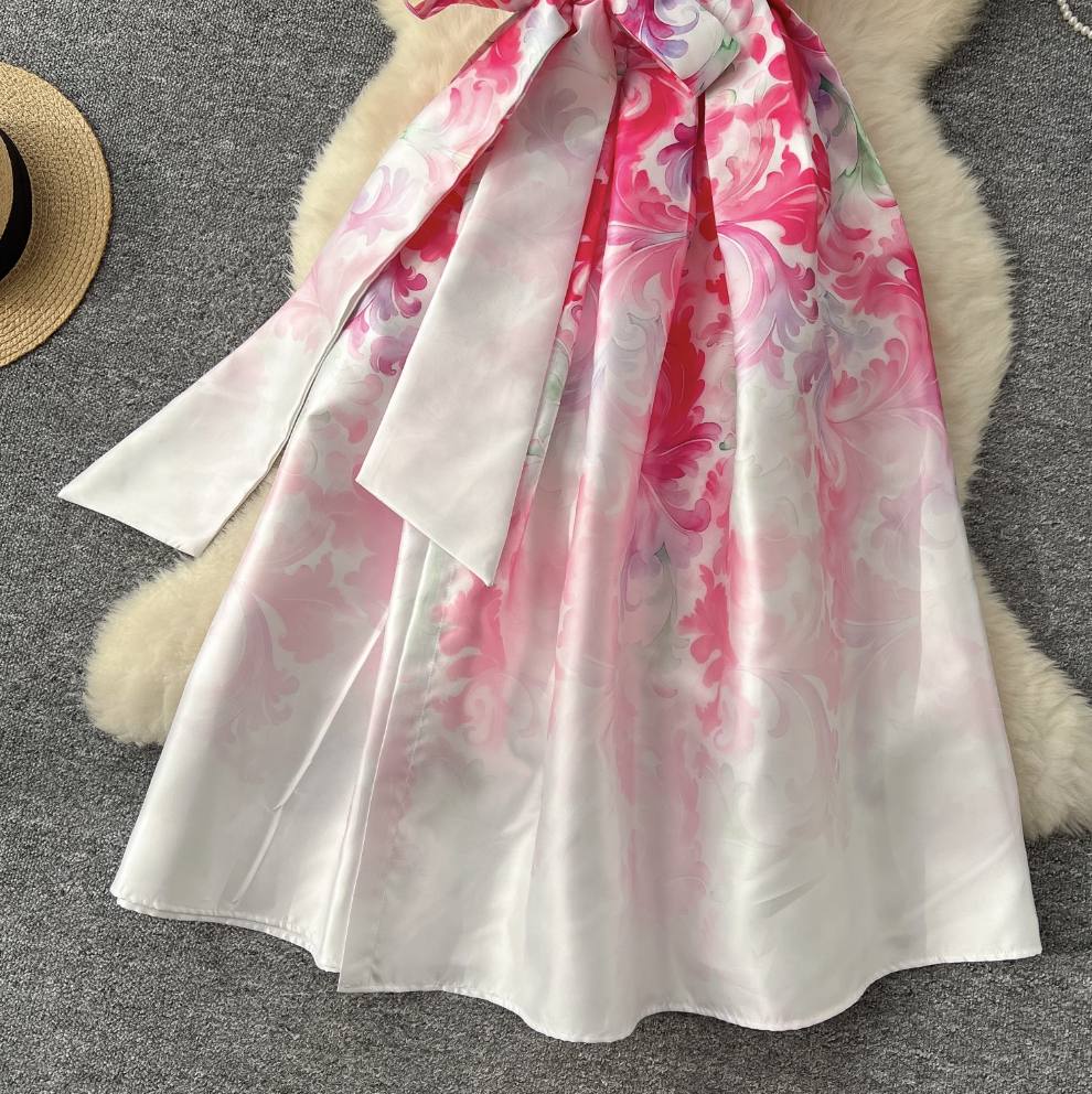 Courtly Floral Printed Ruffled Sleeve Dress