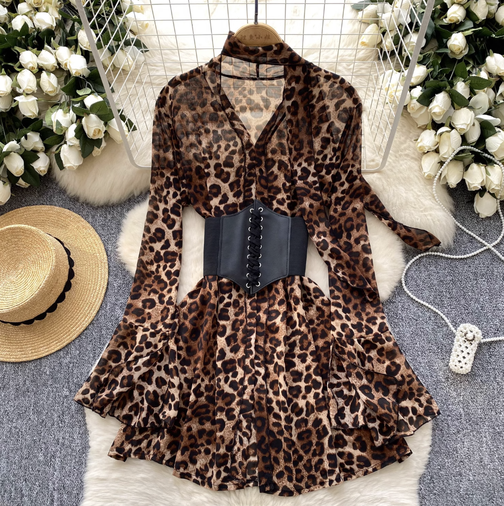 Leopard Printed Chiffon Dress with Girdle