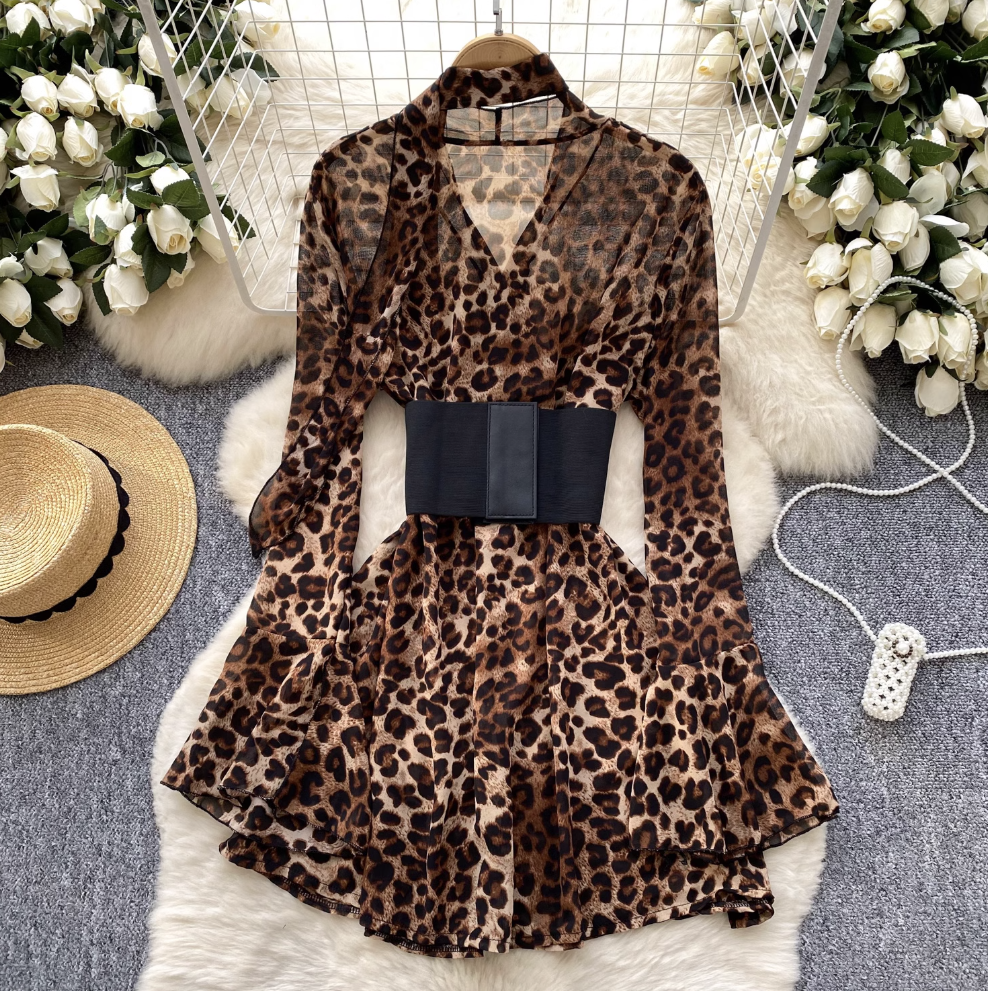 Leopard Printed Chiffon Dress with Girdle