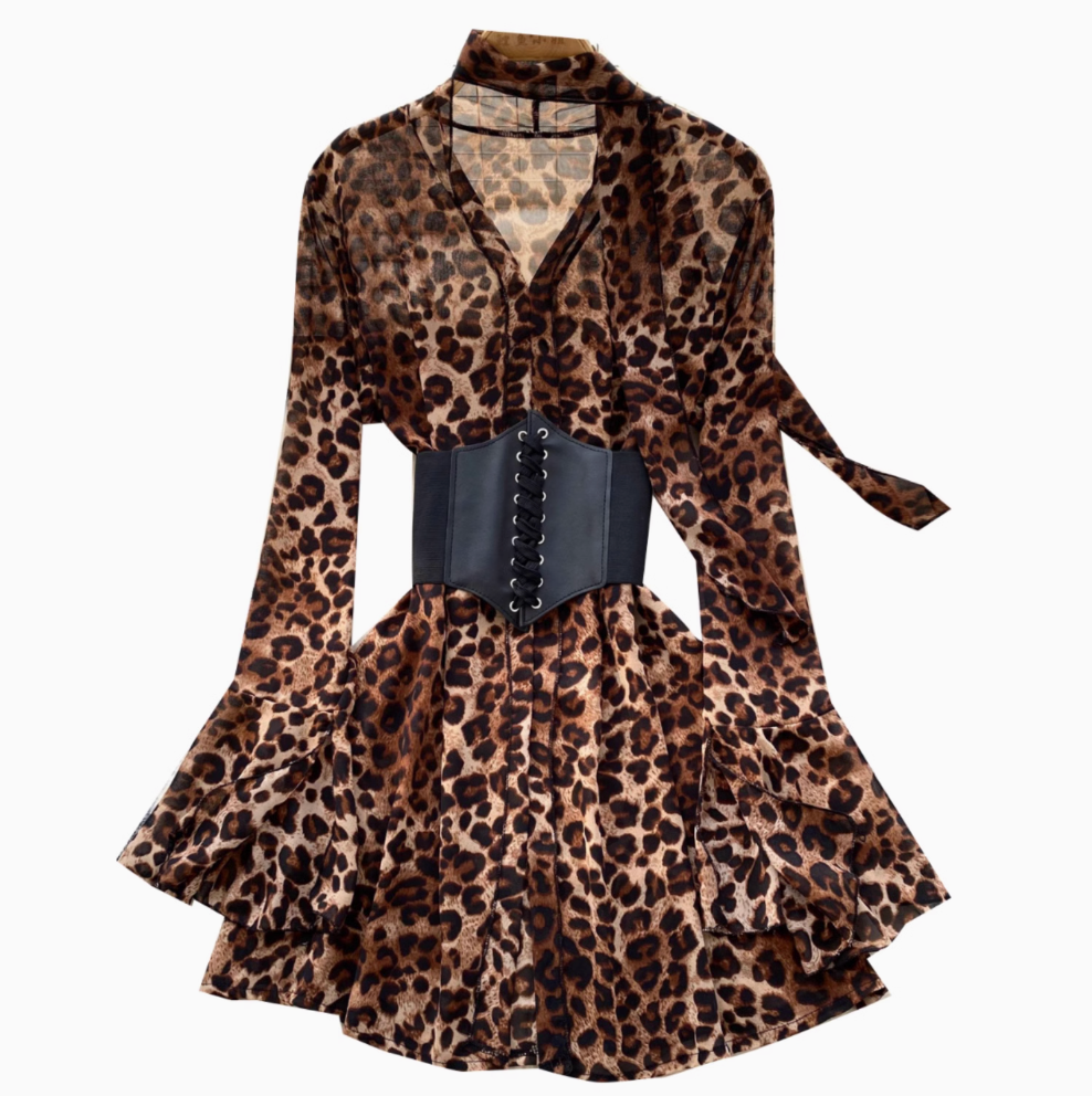 Leopard Printed Chiffon Dress with Girdle