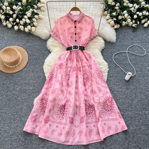 Vintage Short-sleeve Printed Shirt Dress