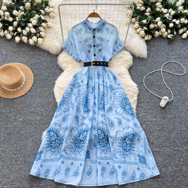 Vintage Short-sleeve Printed Shirt Dress