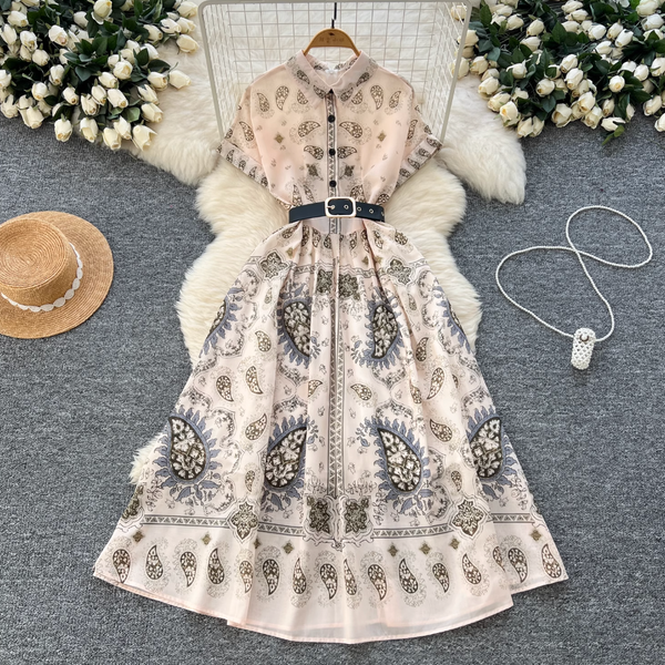 Vintage Short-sleeve Printed Shirt Dress
