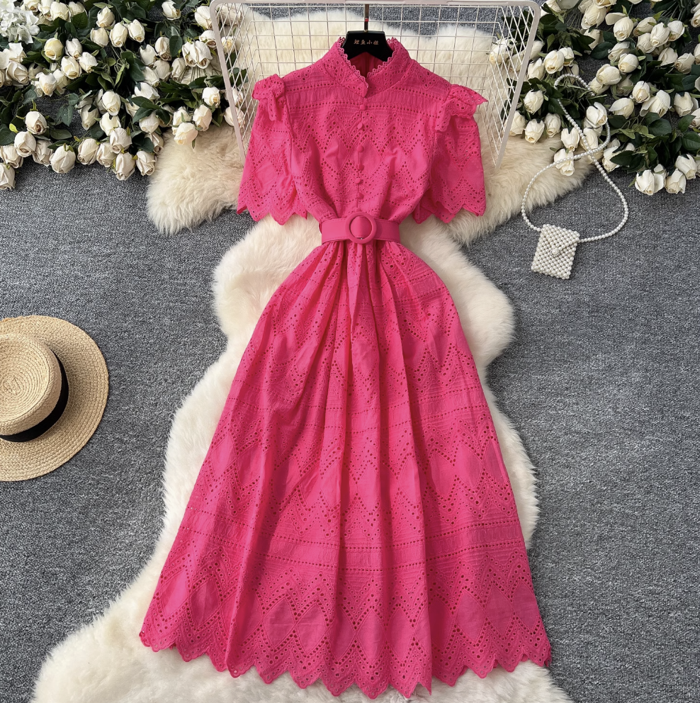 Hollowed Crochet Single-breasted Shirt Dress