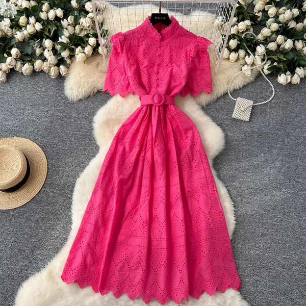 Hollowed Crochet Single-breasted Shirt Dress