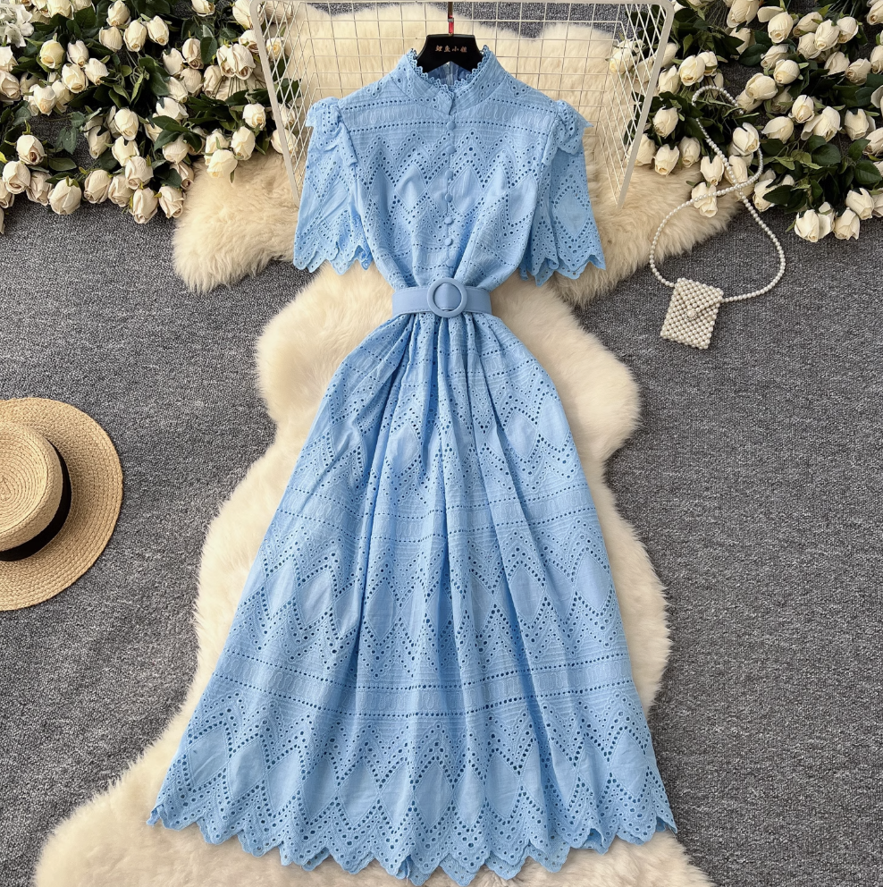Hollowed Crochet Single-breasted Shirt Dress