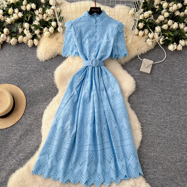 Hollowed Crochet Single-breasted Shirt Dress