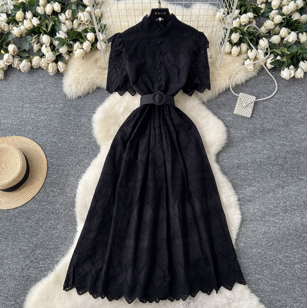 Hollowed Crochet Single-breasted Shirt Dress