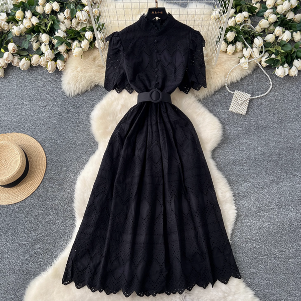 Hollowed Crochet Single-breasted Shirt Dress