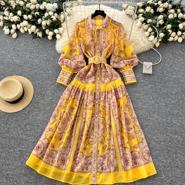 Courtly Yellow Floral Printed Shirt Dress