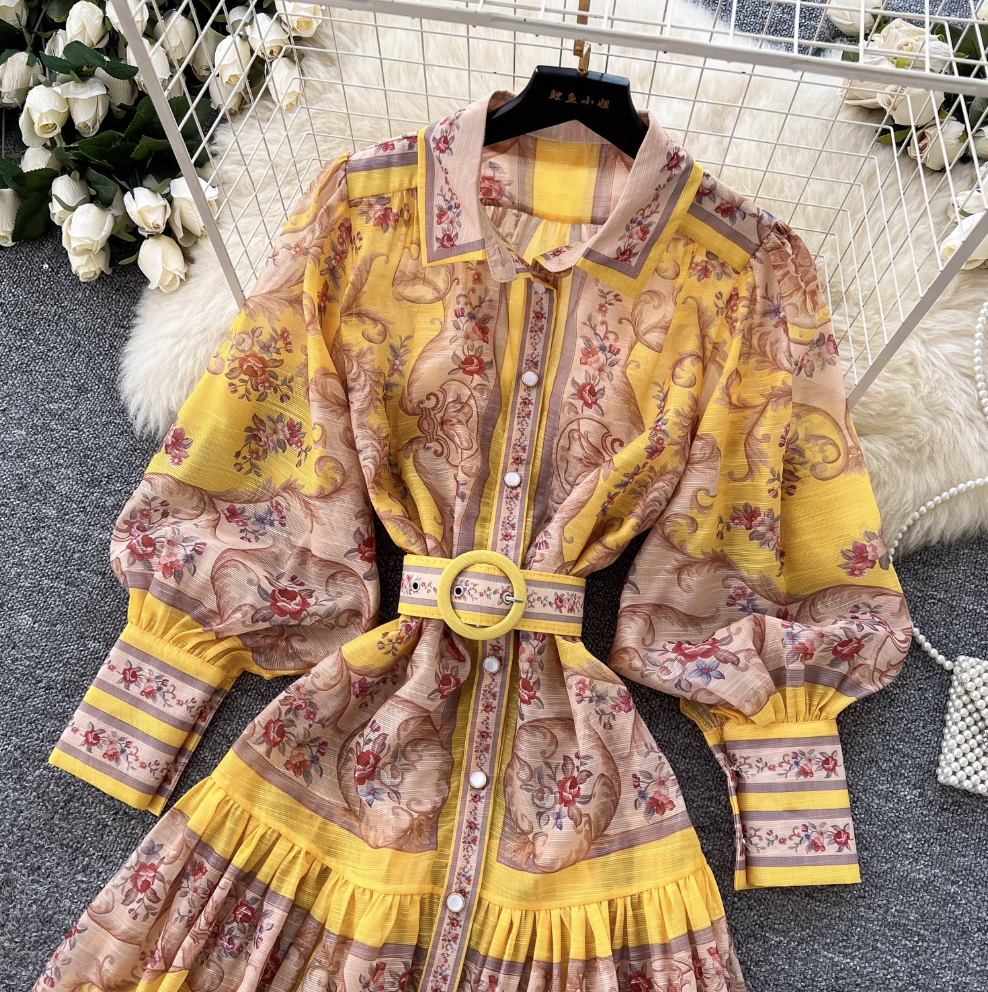 Courtly Yellow Floral Printed Shirt Dress