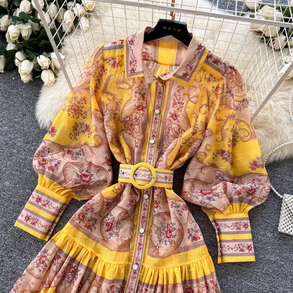 Courtly Yellow Floral Printed Shirt Dress