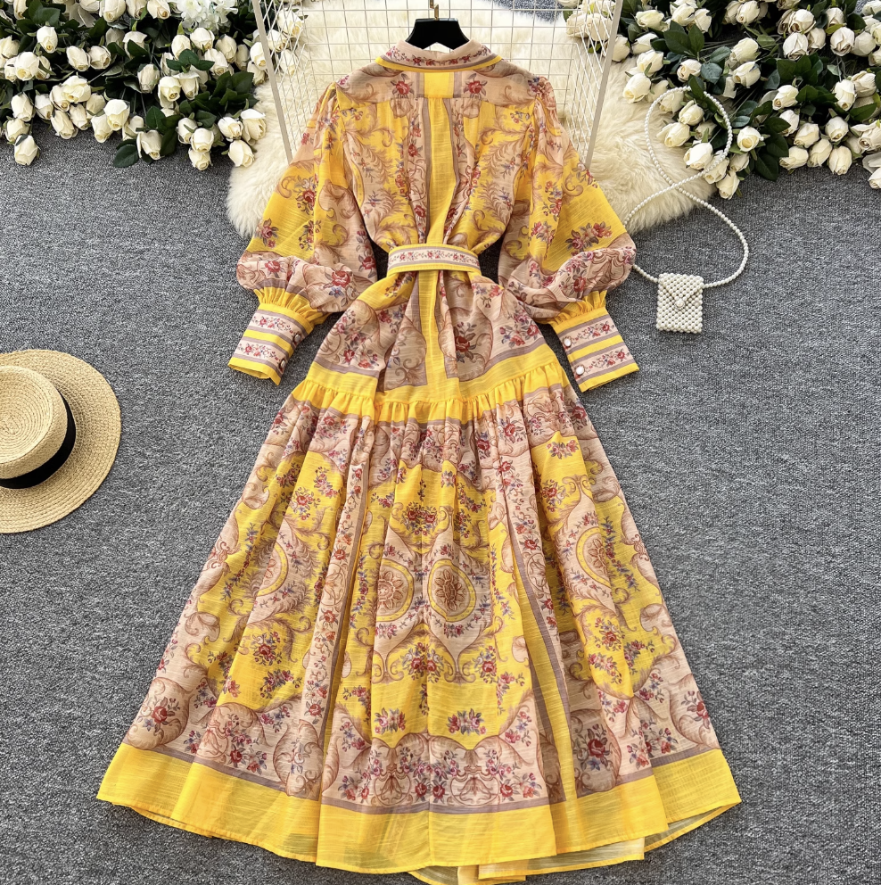 Courtly Yellow Floral Printed Shirt Dress