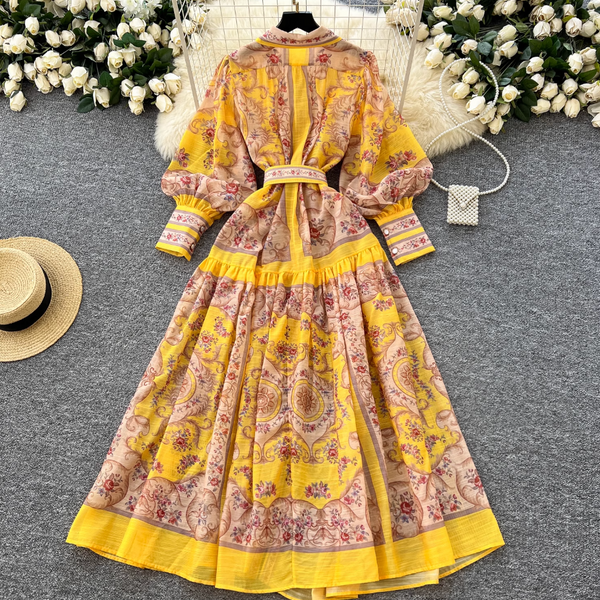 Courtly Yellow Floral Printed Shirt Dress