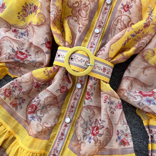 Courtly Yellow Floral Printed Shirt Dress
