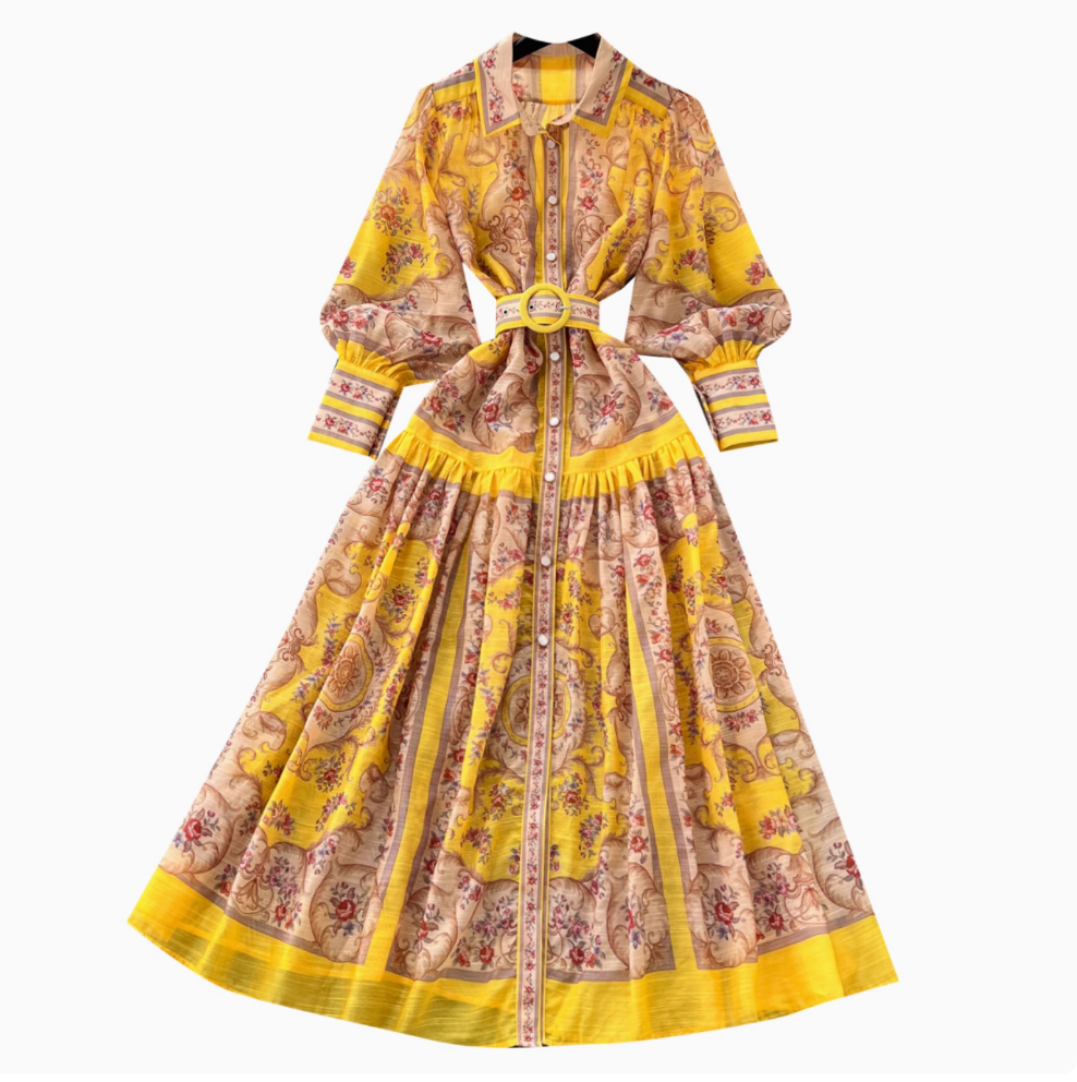 Courtly Yellow Floral Printed Shirt Dress