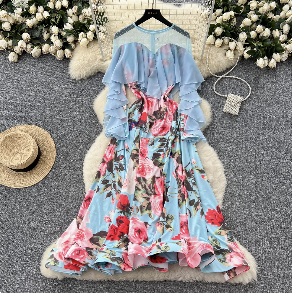Premium Floral Printed Ruffled Hem Dress