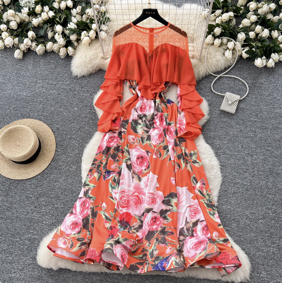 Premium Floral Printed Ruffled Hem Dress