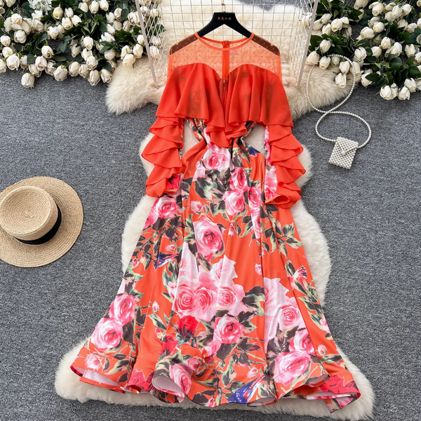 Premium Floral Printed Ruffled Hem Dress