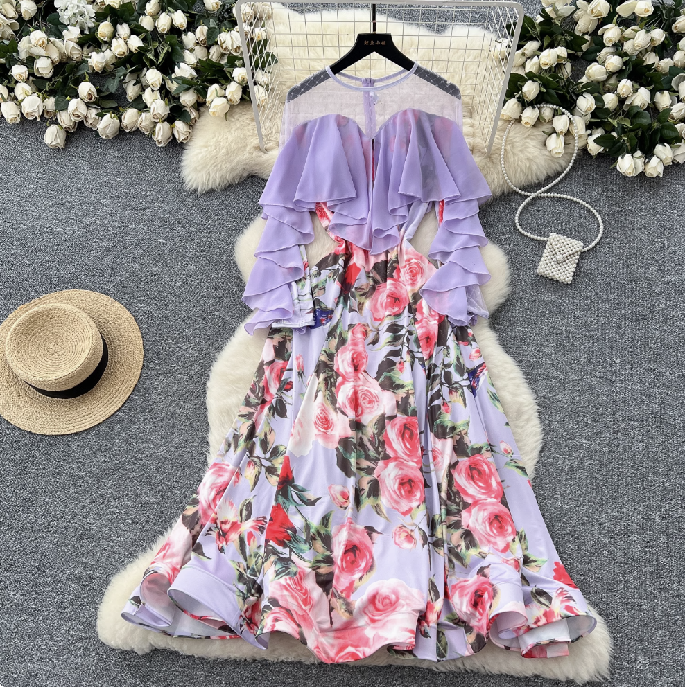 Premium Floral Printed Ruffled Hem Dress