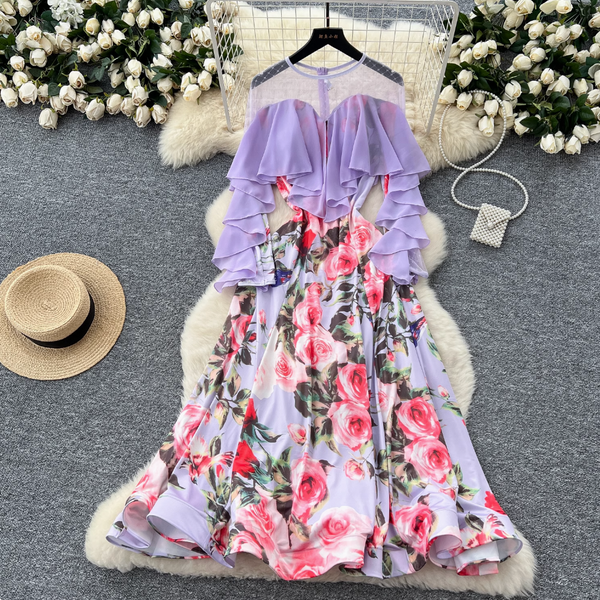 Premium Floral Printed Ruffled Hem Dress