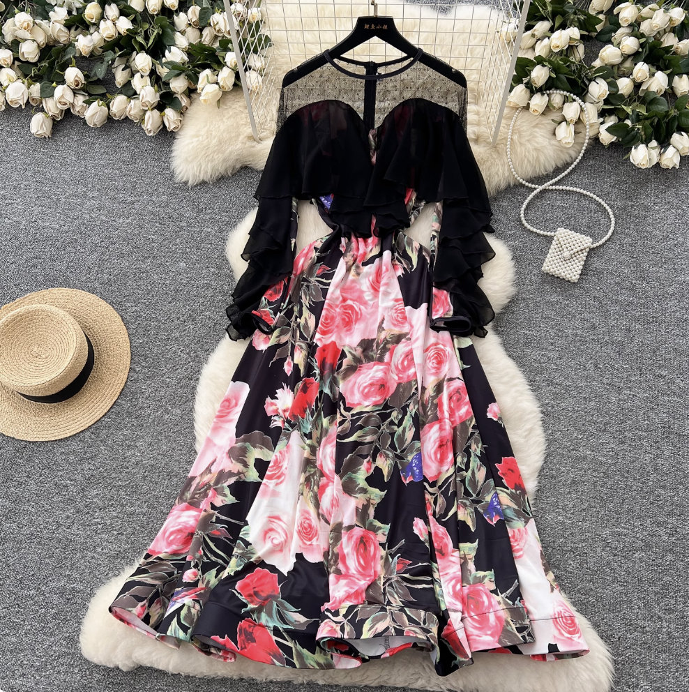 Premium Floral Printed Ruffled Hem Dress