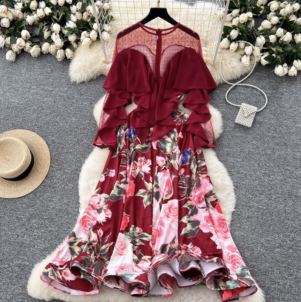 Premium Floral Printed Ruffled Hem Dress