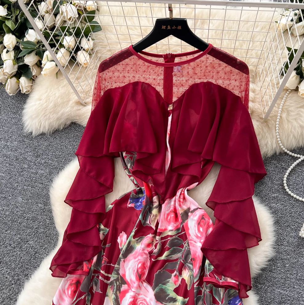 Premium Floral Printed Ruffled Hem Dress