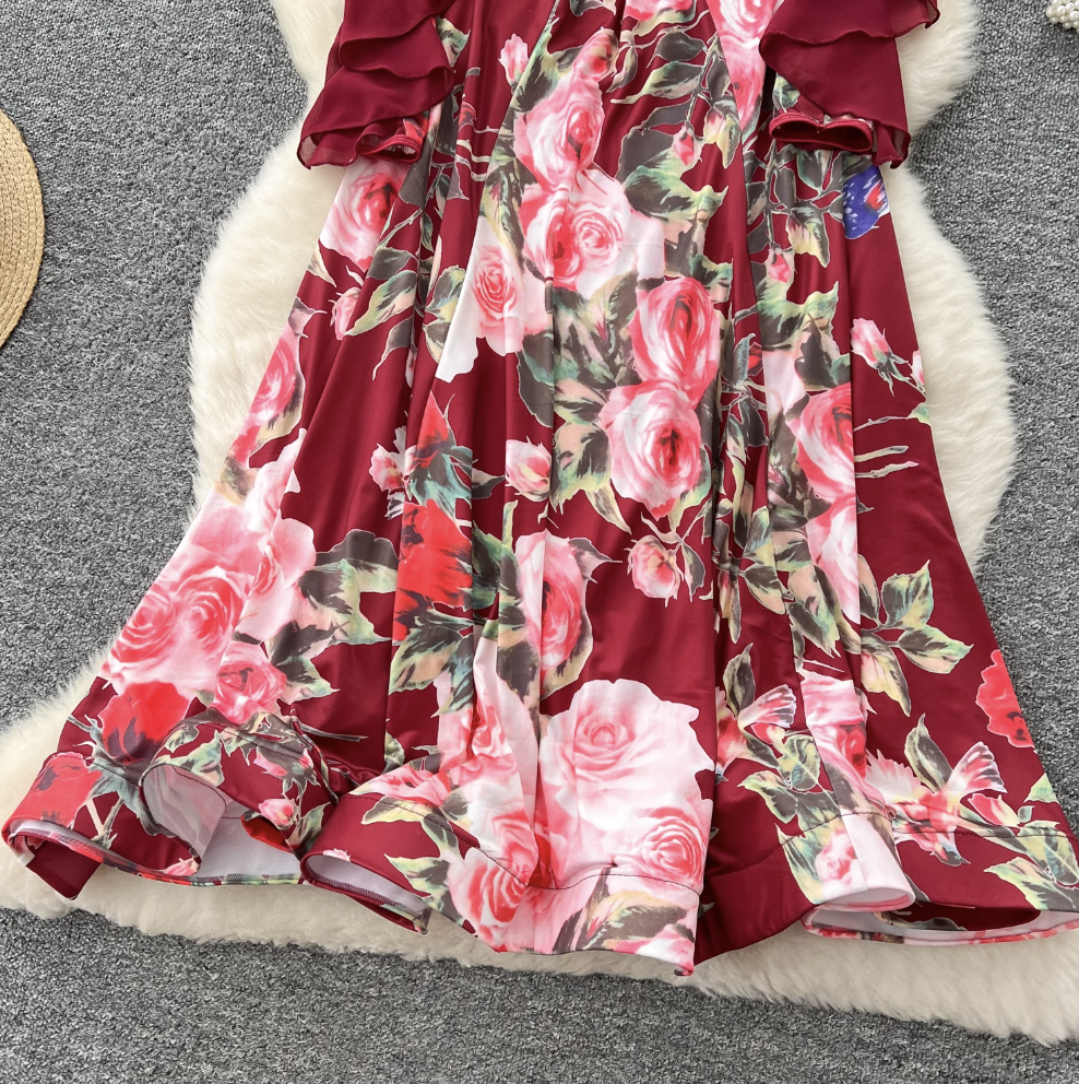Premium Floral Printed Ruffled Hem Dress