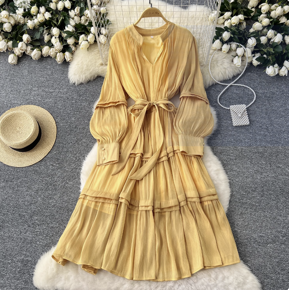 Solid Color Ruffled Glossy Dress