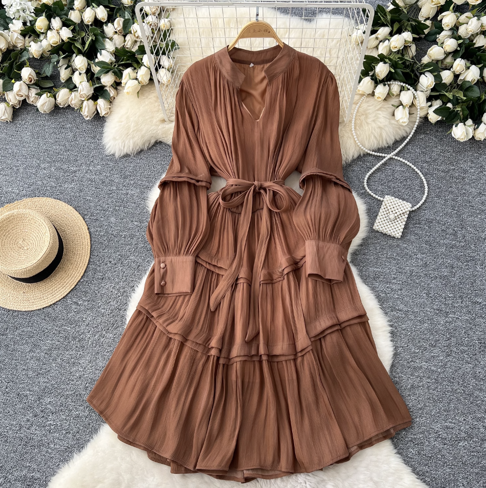 Solid Color Ruffled Glossy Dress