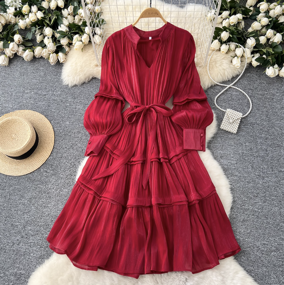 Solid Color Ruffled Glossy Dress