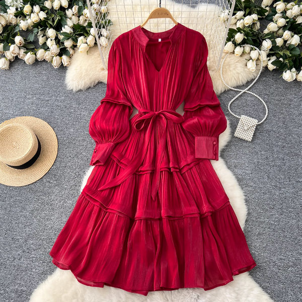 Solid Color Ruffled Glossy Dress
