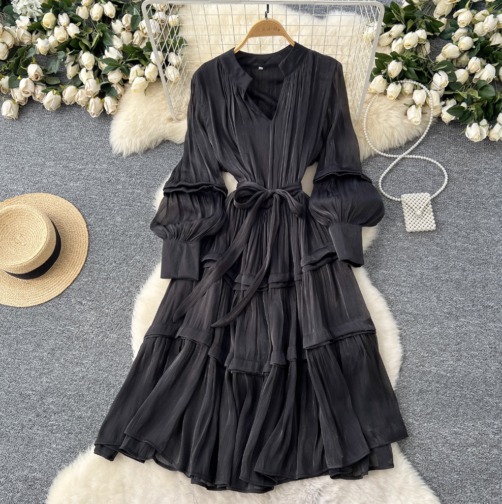 Solid Color Ruffled Glossy Dress