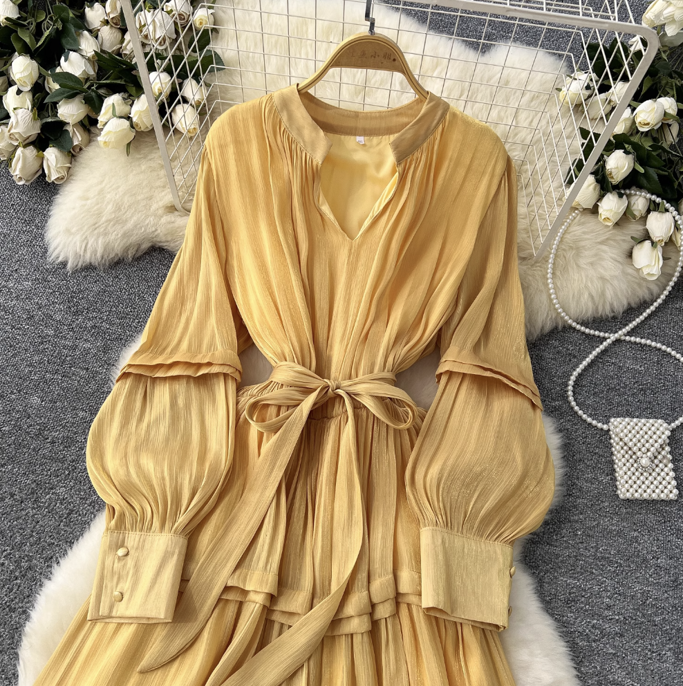 Solid Color Ruffled Glossy Dress