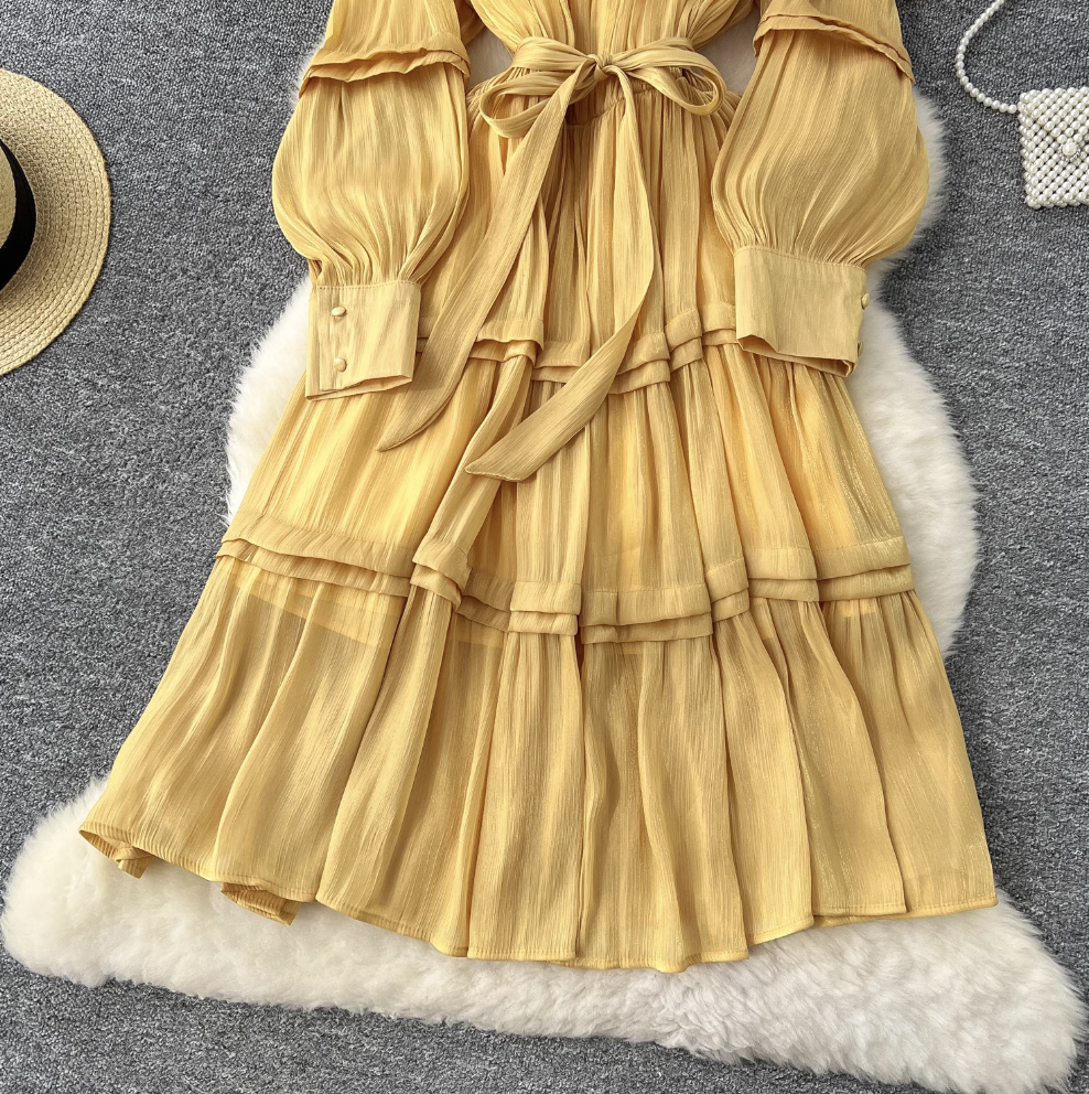 Solid Color Ruffled Glossy Dress