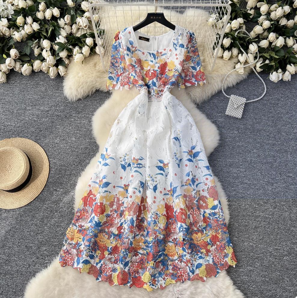 Crochet Floral Printed Lace Dress