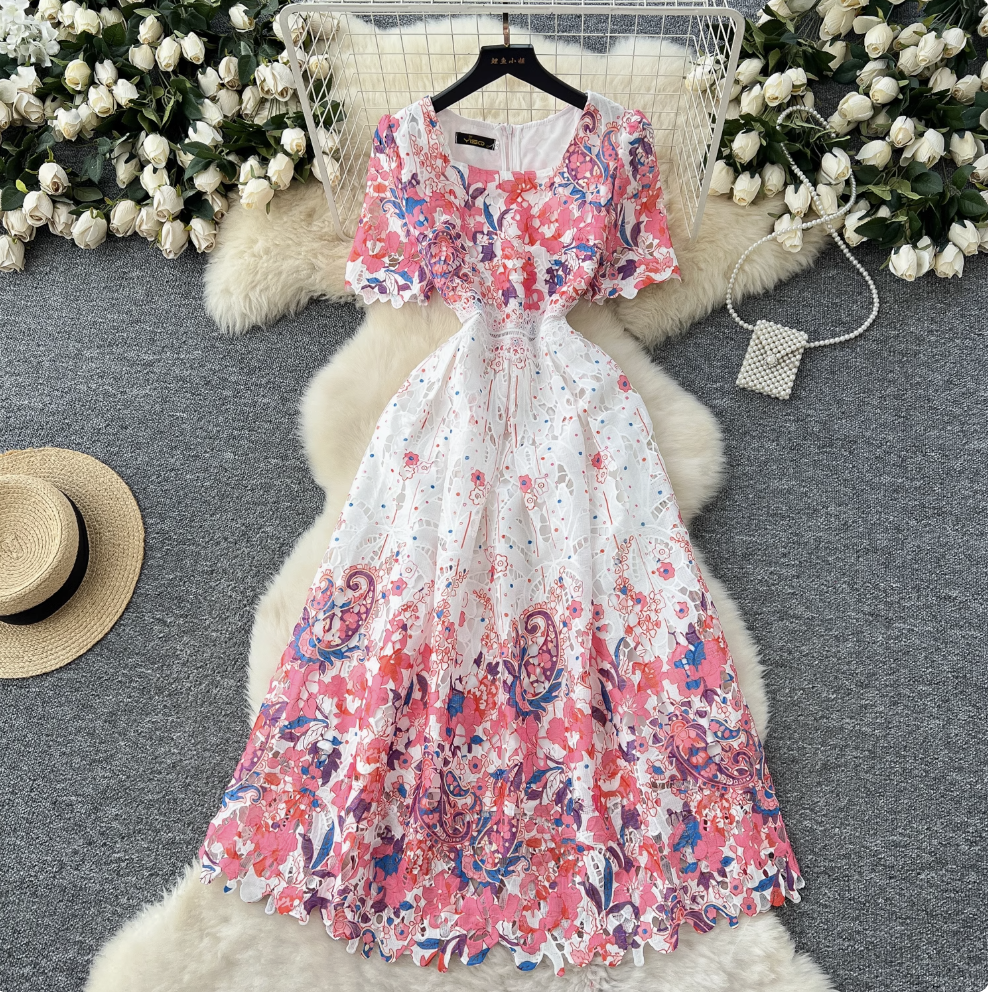 Crochet Floral Printed Lace Dress