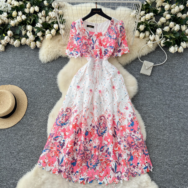 Crochet Floral Printed Lace Dress