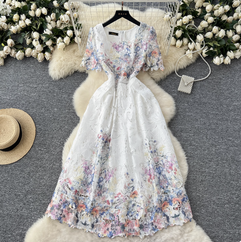 Crochet Floral Printed Lace Dress