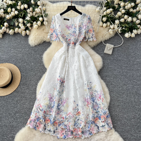 Crochet Floral Printed Lace Dress
