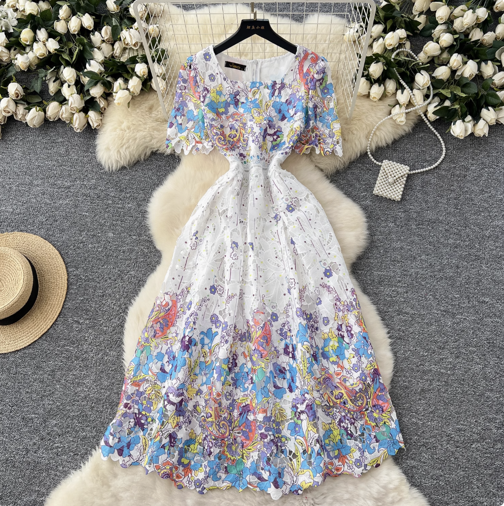 Crochet Floral Printed Lace Dress