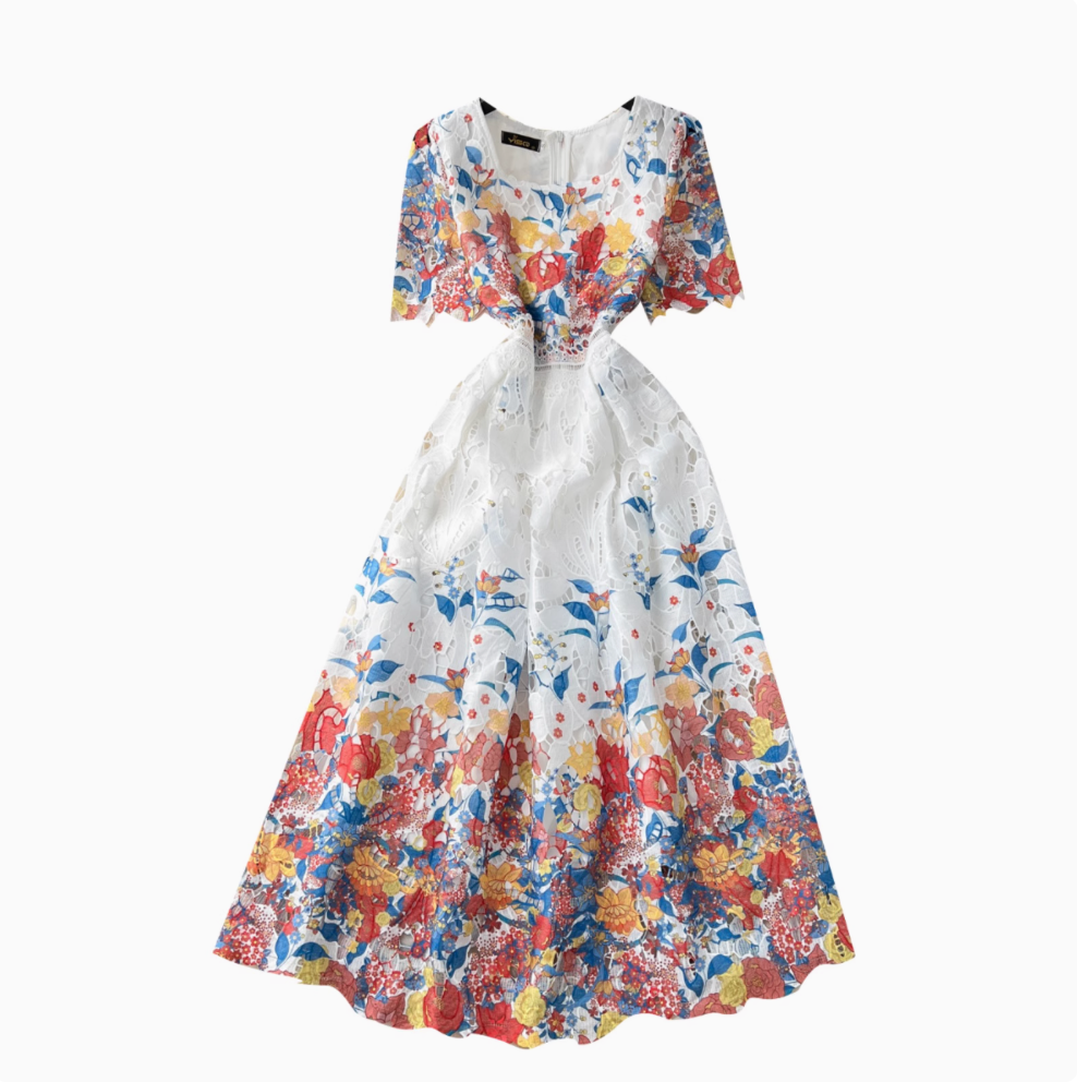 Crochet Floral Printed Lace Dress