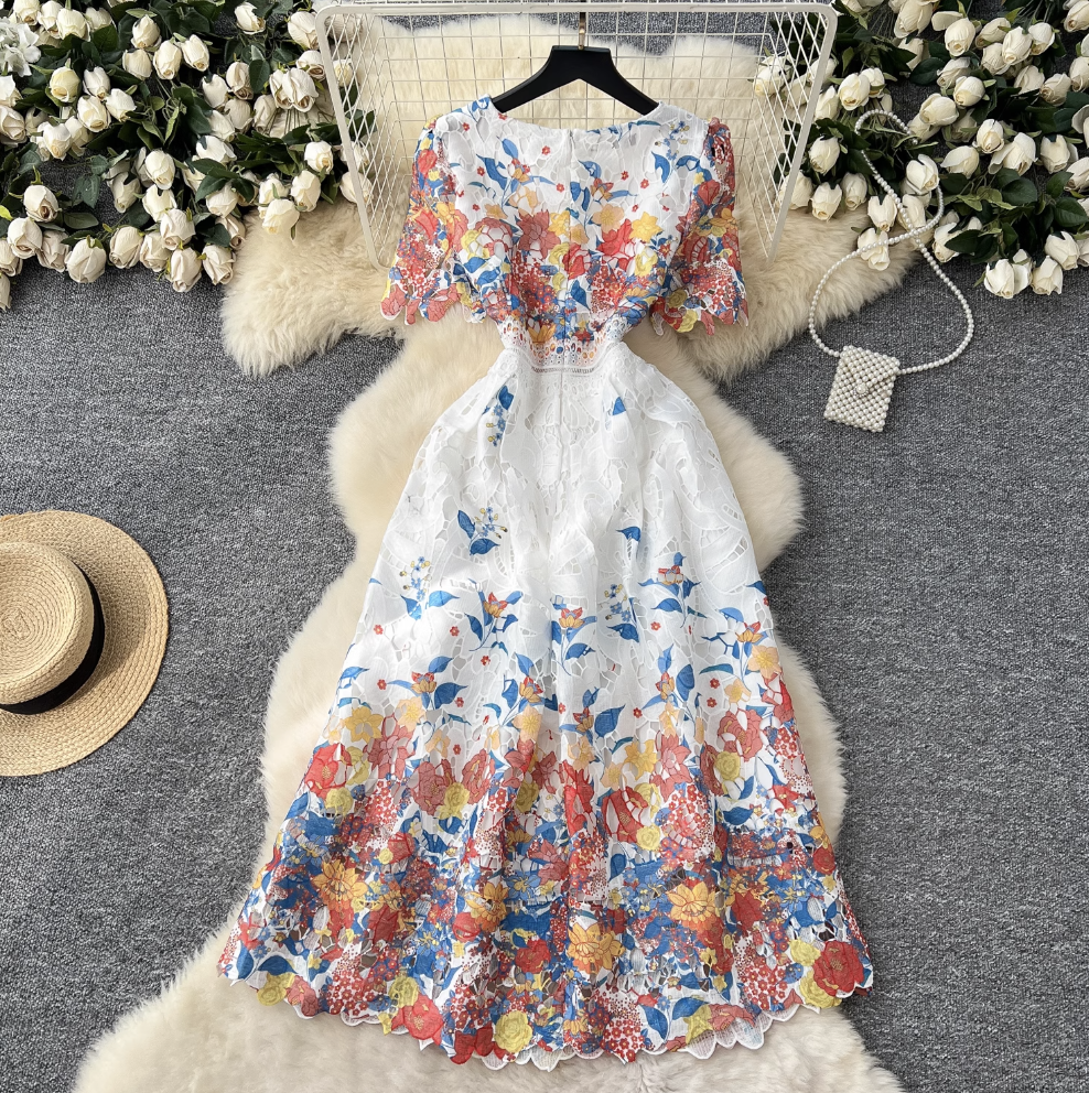 Crochet Floral Printed Lace Dress
