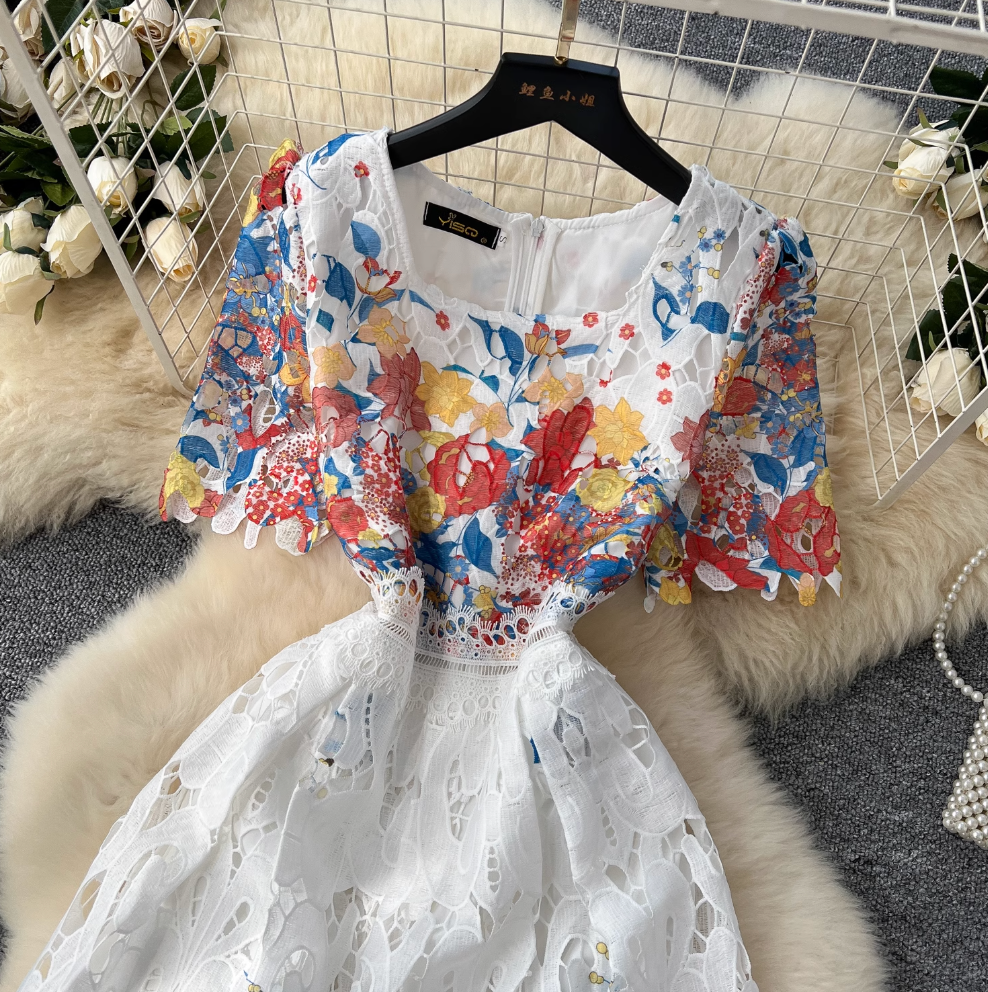 Crochet Floral Printed Lace Dress
