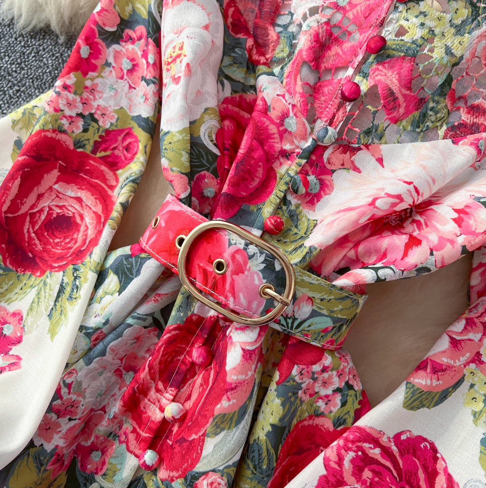French Style Flared Sleeve Floral Dress