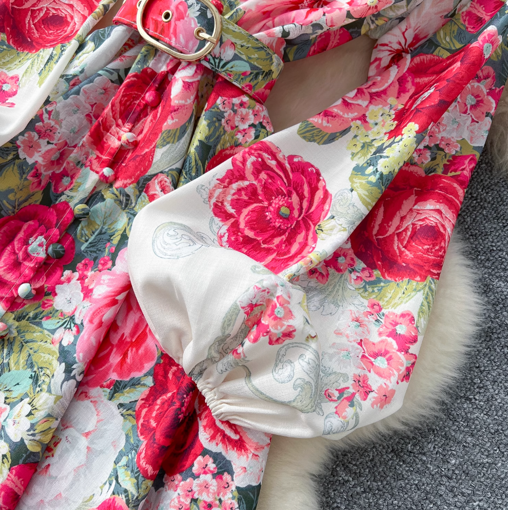 French Style Flared Sleeve Floral Dress
