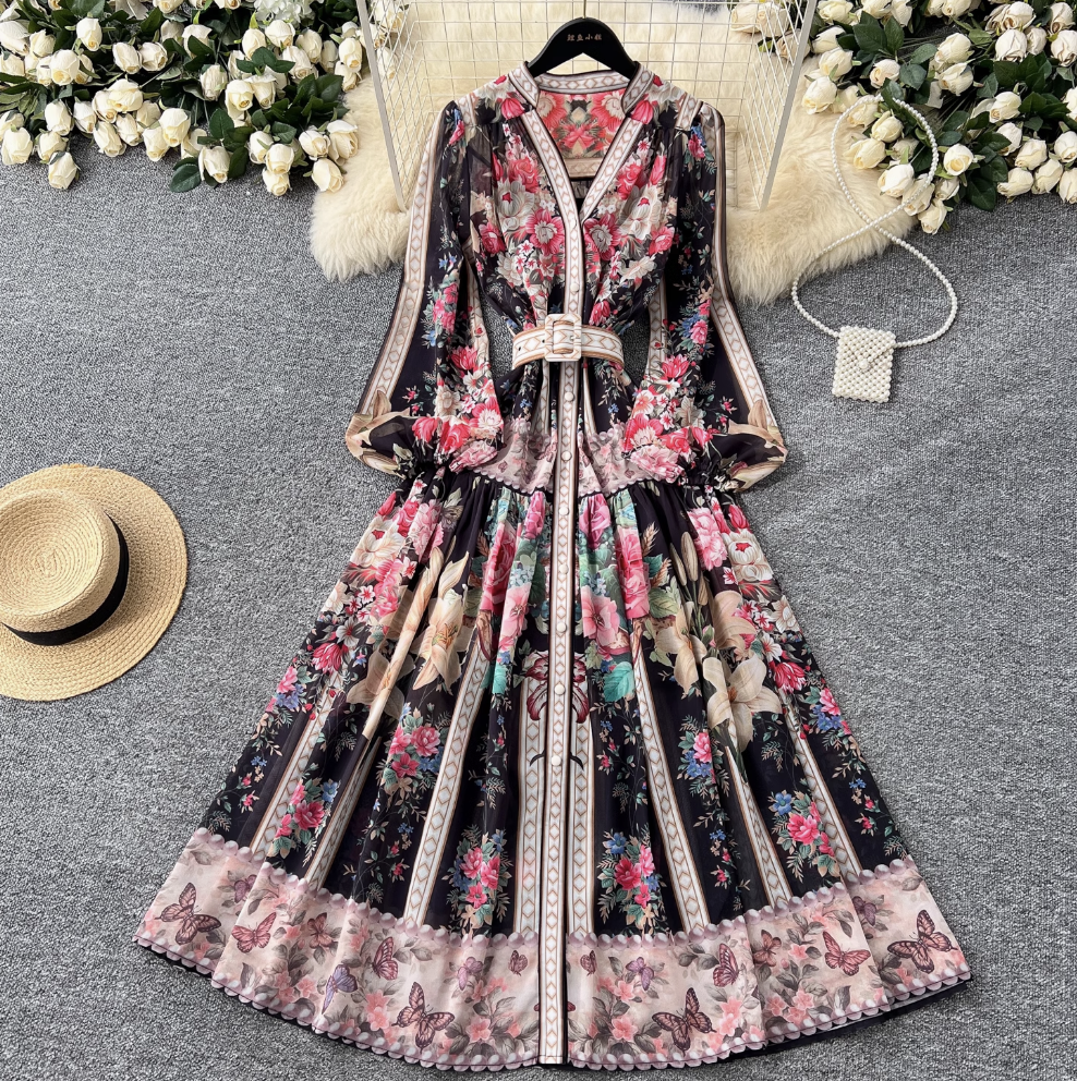 Colorful Floral Printed V-neck Dress