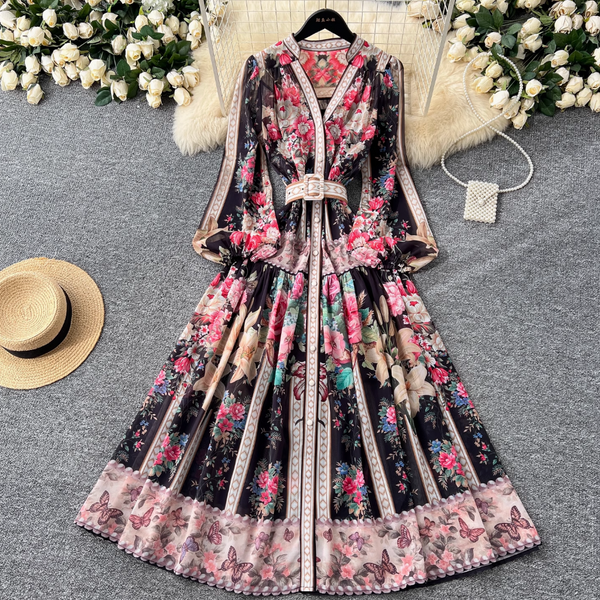 Colorful Floral Printed V-neck Dress
