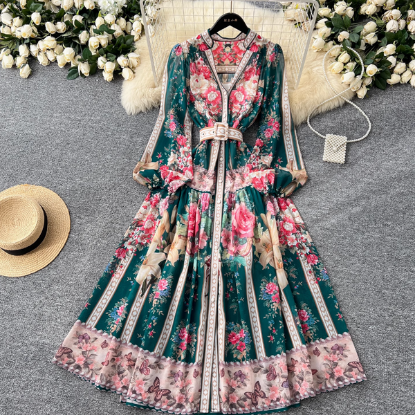 Colorful Floral Printed V-neck Dress